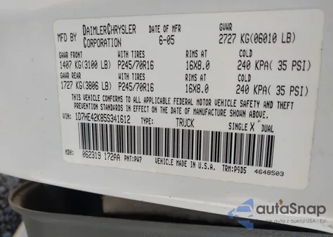 2005 Dodge Dakota Slt z USA, uszkodzony, nr VIN 1D7HE42K85S341612